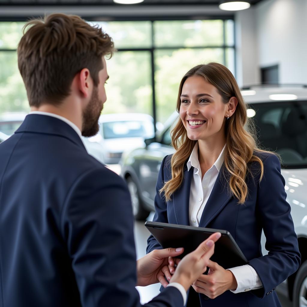 A customer interacting with a service advisor at Thompson Auto Sales & Service LLC