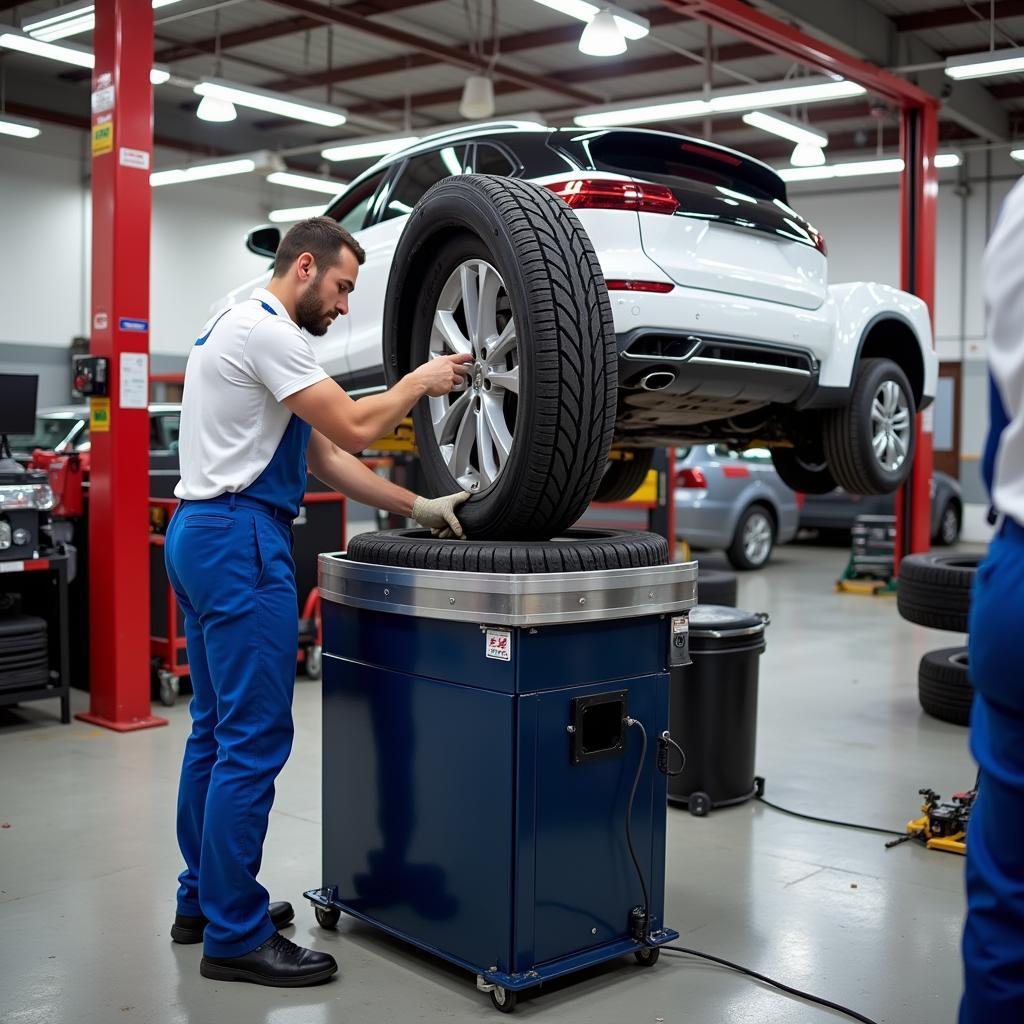 Tire Changer and Balancer in an Auto Service Station