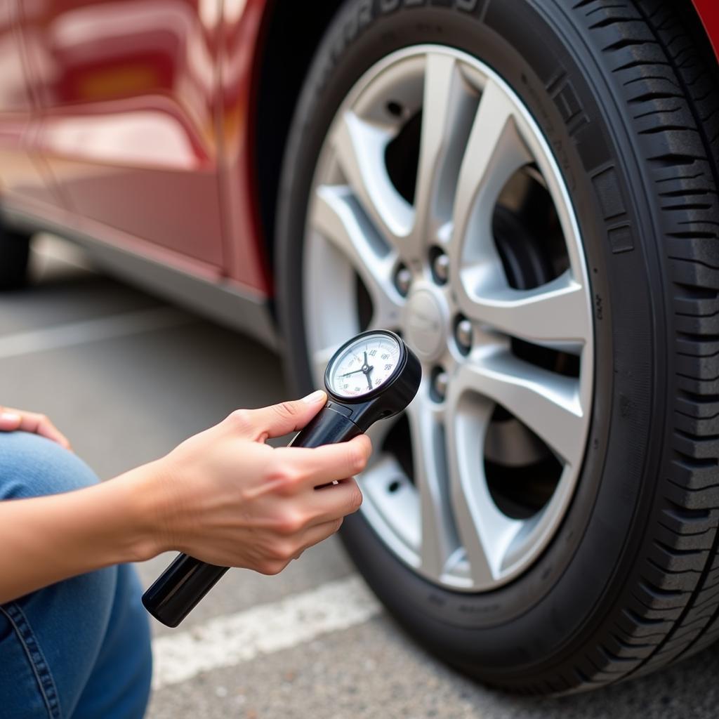 Checking Tire Pressure with a Gauge in New Smyrna Beach, FL