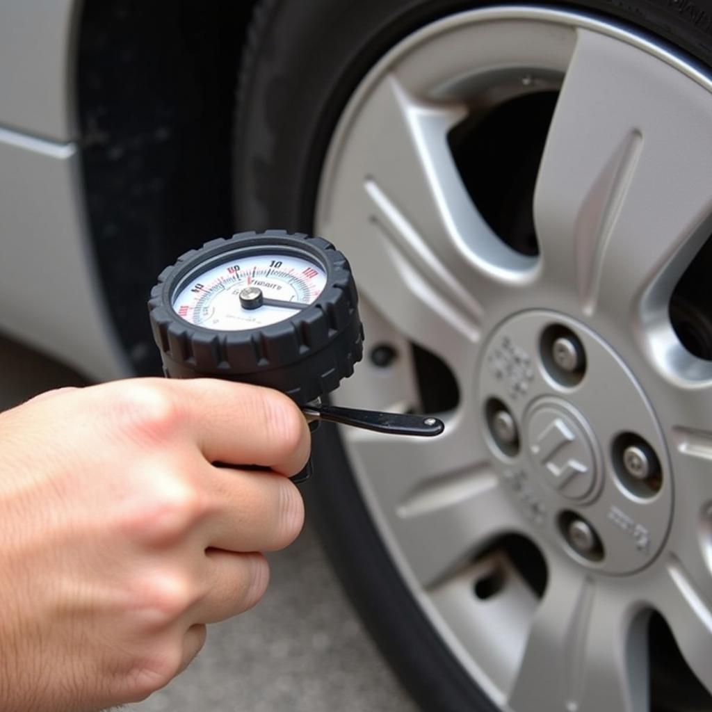 Checking tire pressure with a gauge