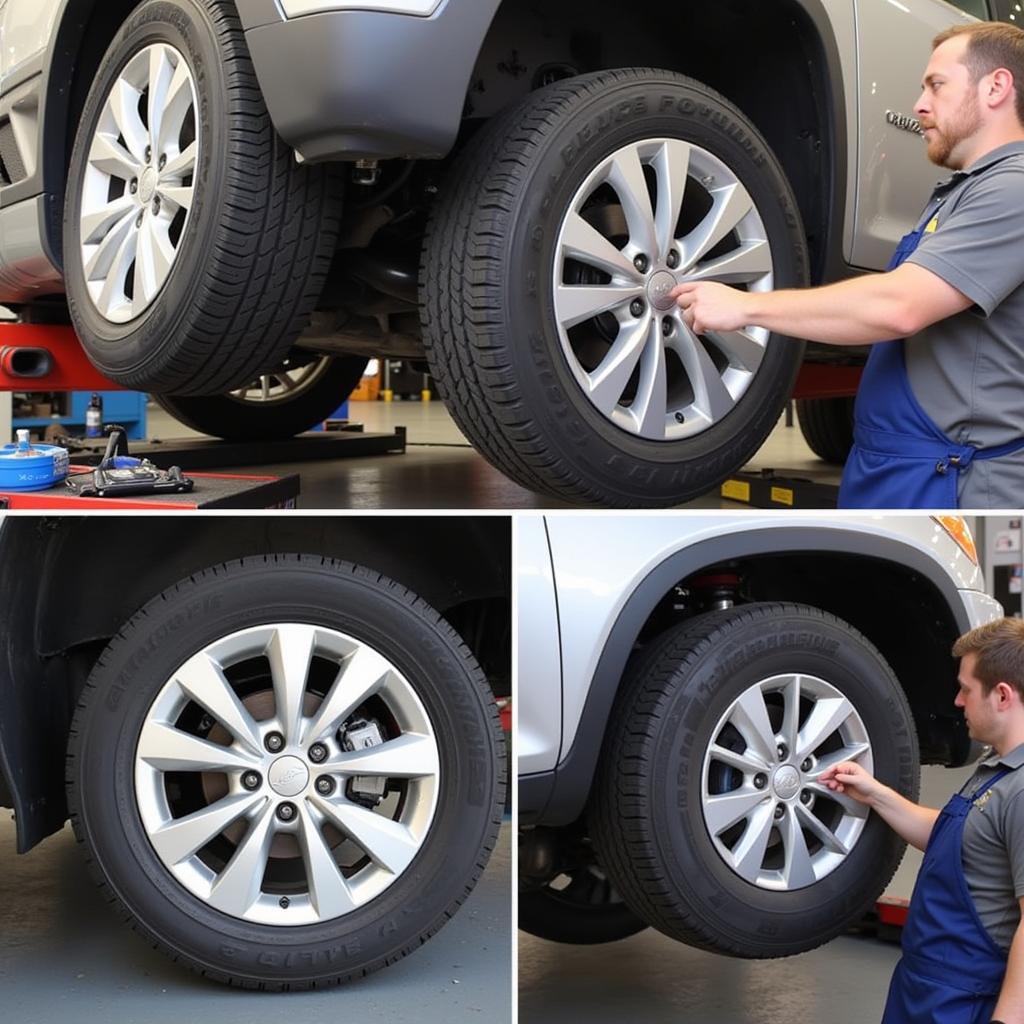 Tire rotation and balancing being performed by a technician