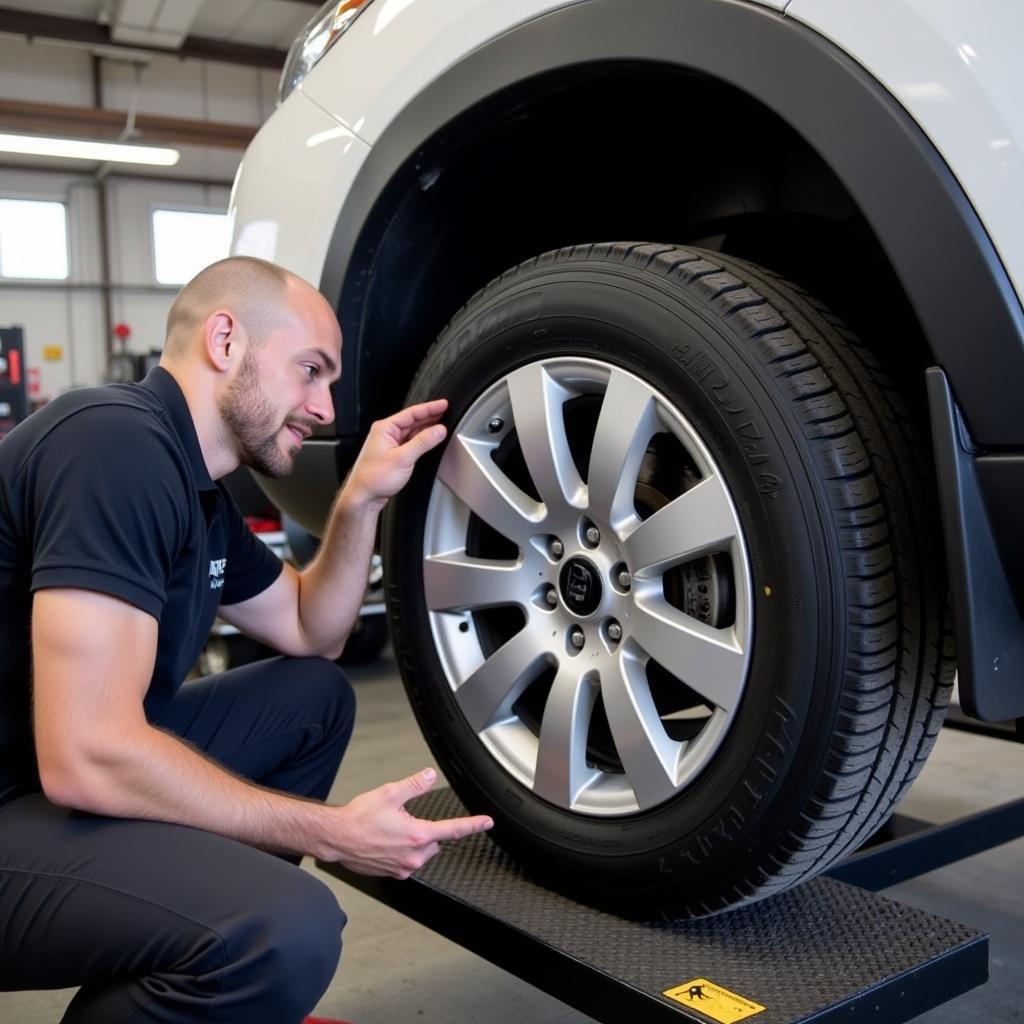 Technician performing tire rotation and balancing