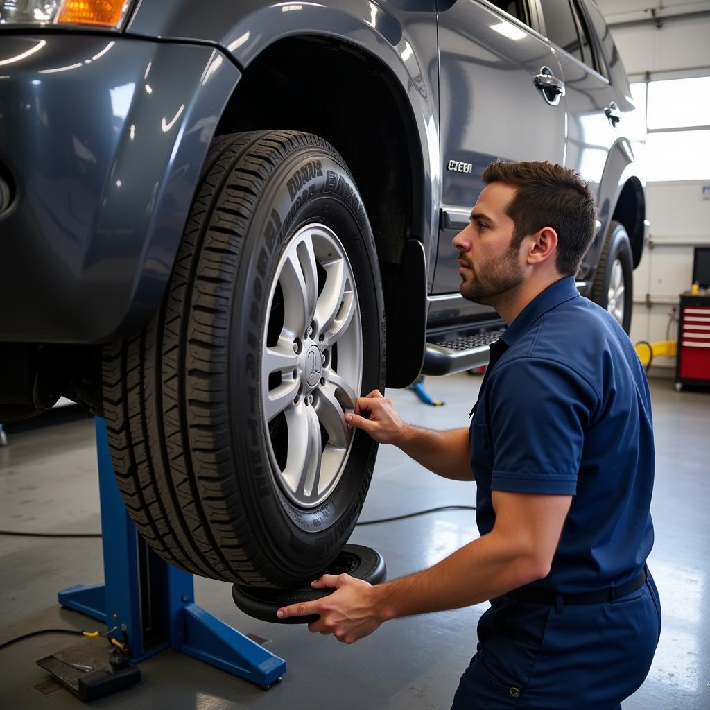 Tire rotation and balancing service at an Akron auto shop