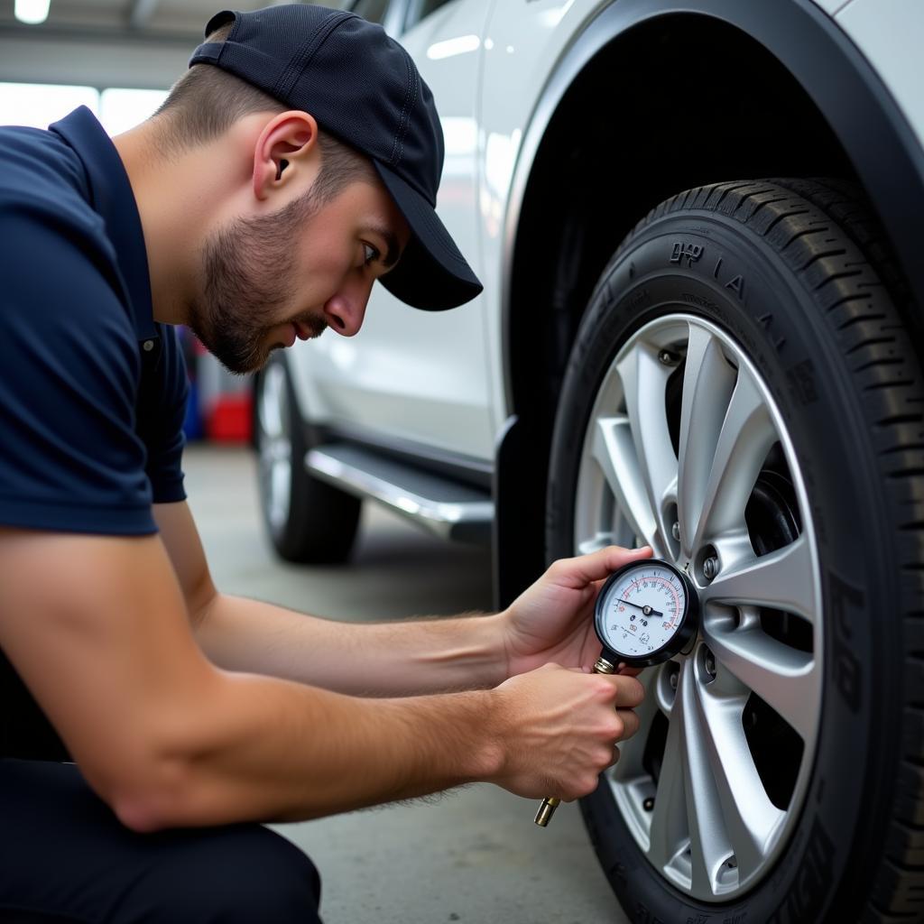 Tire Service Professional Checking Tire Pressure