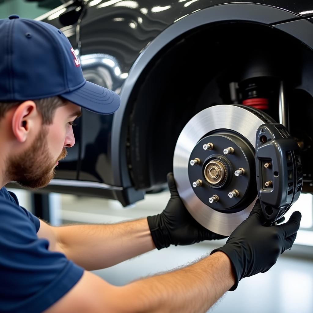 TLS Auto Specialist Inspecting Car Brakes