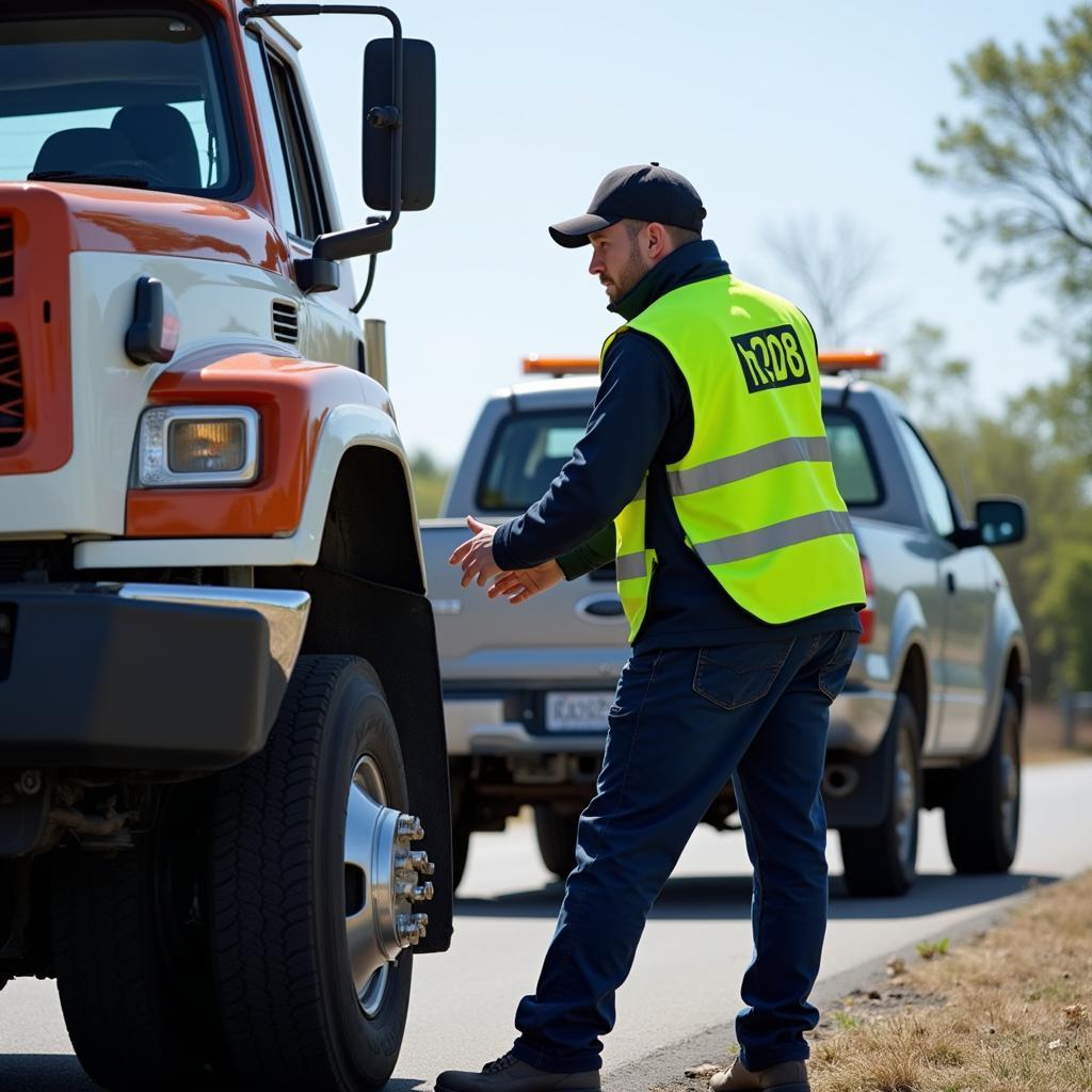 Tow Truck Driver Providing Roadside Assistance