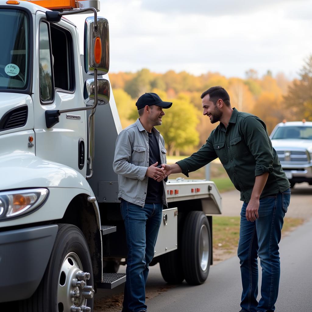 Tow truck driver assisting a stranded motorist