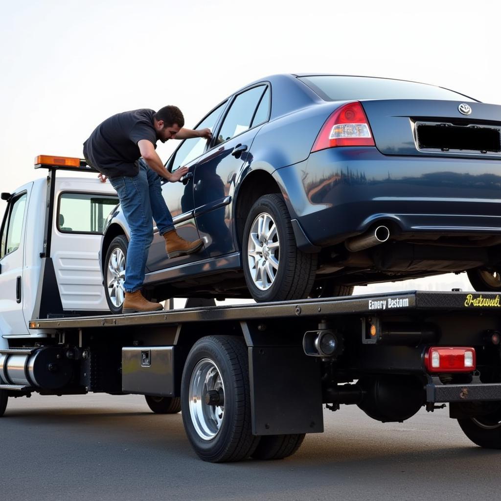 Tow Truck Operator Preparing a Vehicle for Safe Towing