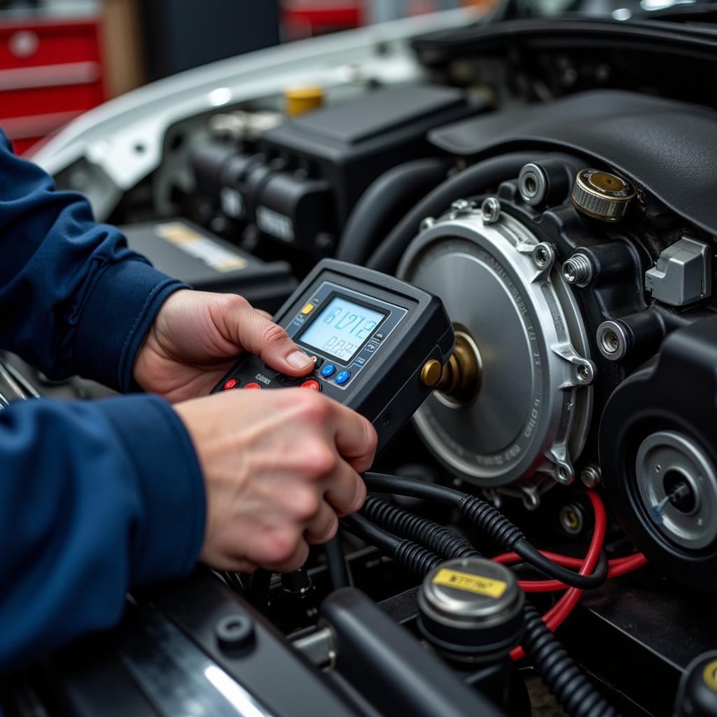 Mechanic using diagnostic equipment on a car transmission in Providence, RI