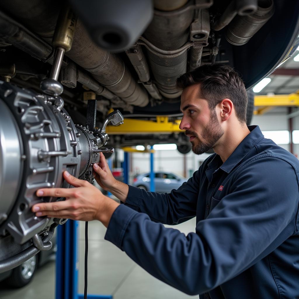 Transmission Service Orland Park IL: A mechanic inspecting a car's transmission.