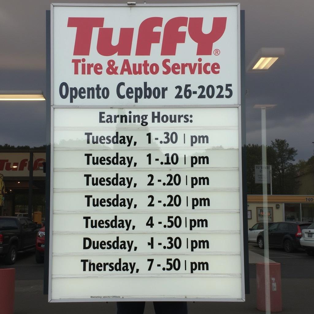 Tuffy Tire and Auto Service Location and Hours Sign