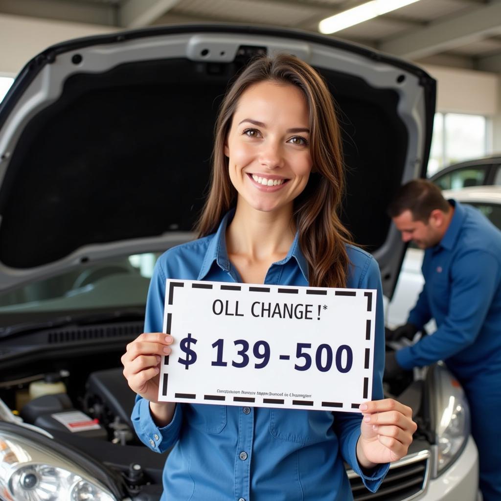 Twin Cities Auto Service Coupons: A woman holding a coupon for an oil change at a local auto repair shop.