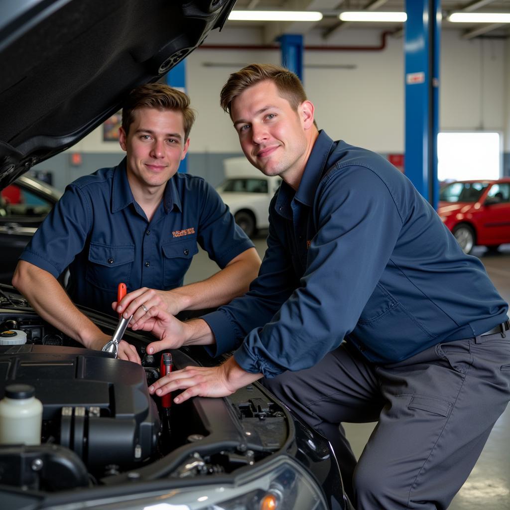 Two brothers collaborating on a car repair inside a well-equipped auto shop