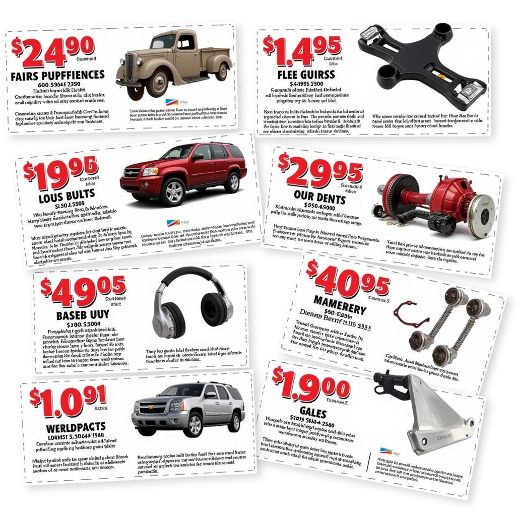 Various types of auto service coupons in Indianapolis, including oil changes, tire rotations, brake inspections, and A/C services.