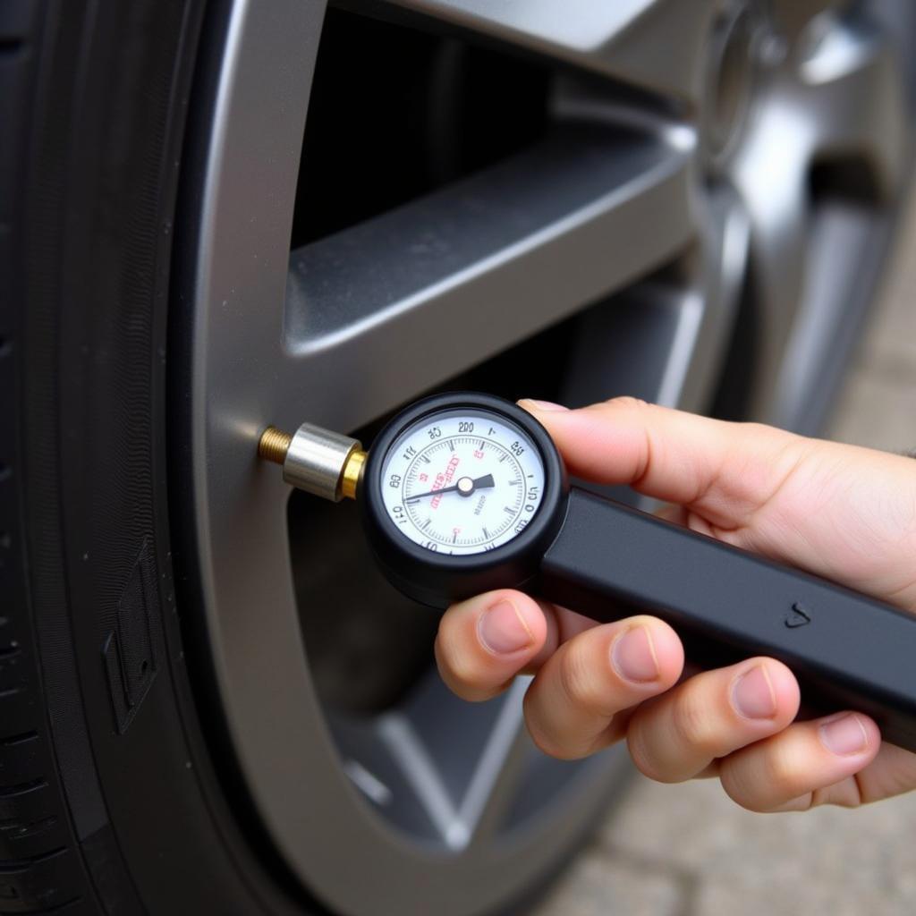 Checking car tyre pressure with a gauge