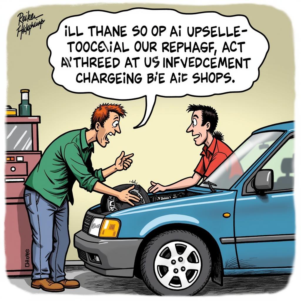 Unauthorized Auto Repair Charges: A mechanic pointing at a car part, explaining unnecessary repairs to a confused customer.