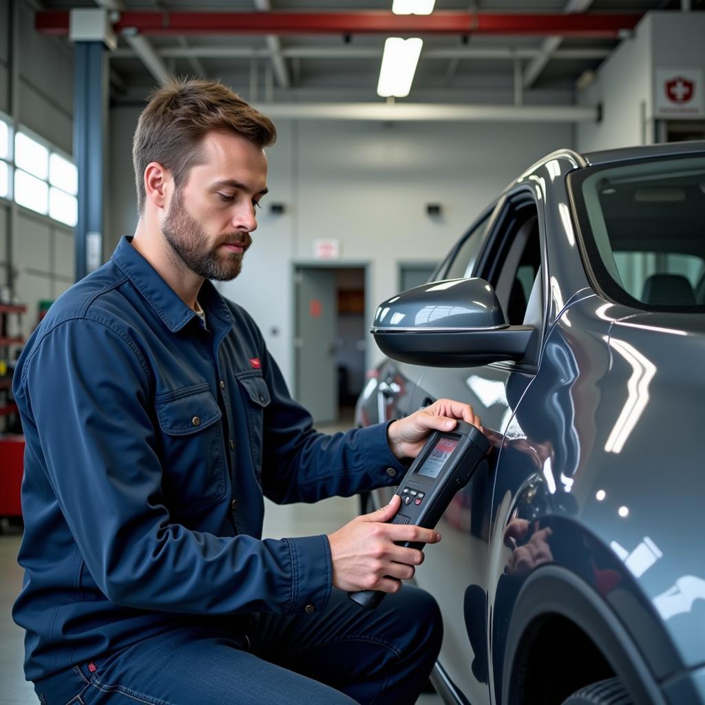 Mechanic Inspecting a Car in a Modern Auto Repair Shop