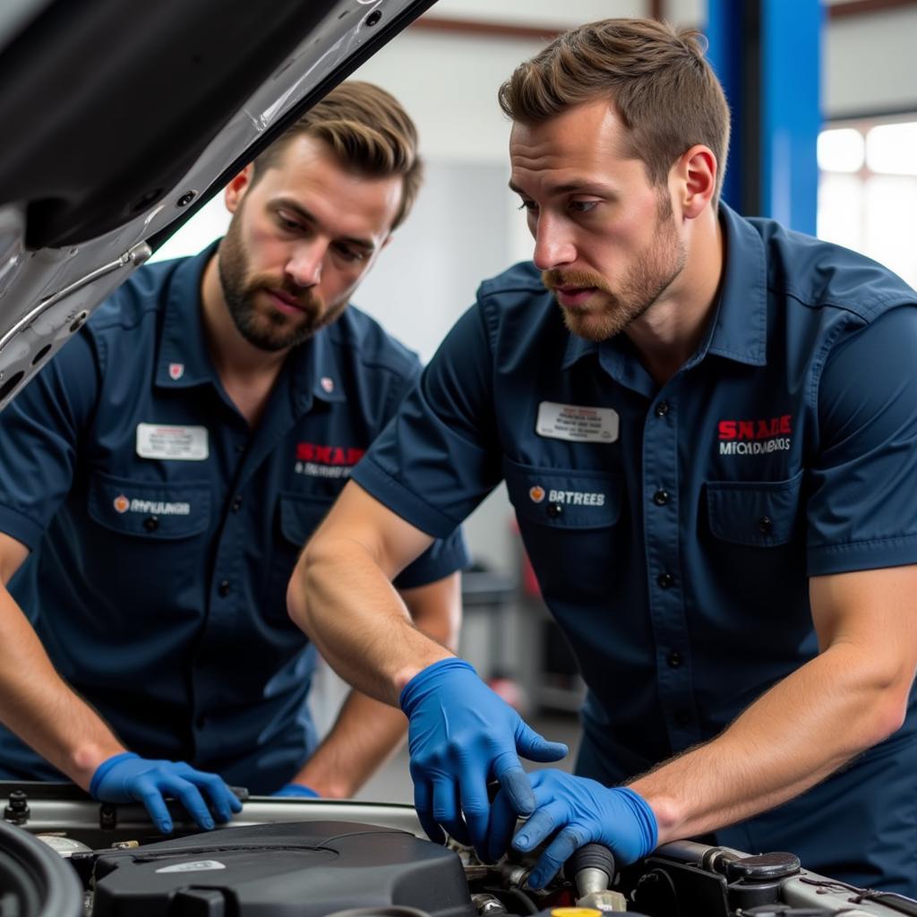 Universal Auto Service Akron Ohio Technicians Working on a Car Engine