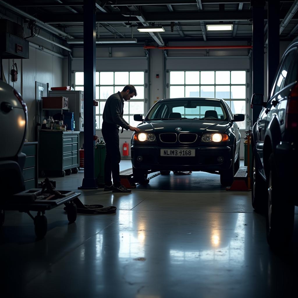 Car undergoing maintenance at an Upland auto service center