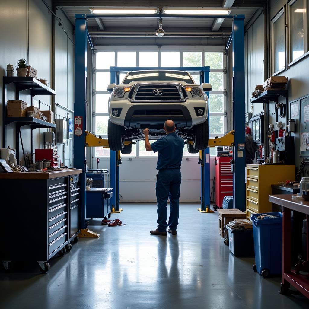 Modern and clean auto service shop interior with a technician working on a vehicle