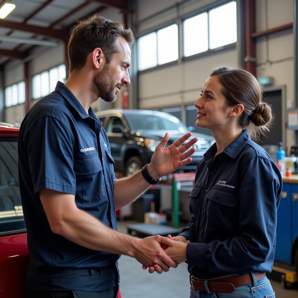 Customer consulting with a mechanic at a Vernon auto service center