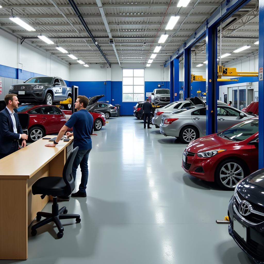 Interior of a busy and well-equipped auto repair shop in Victoria