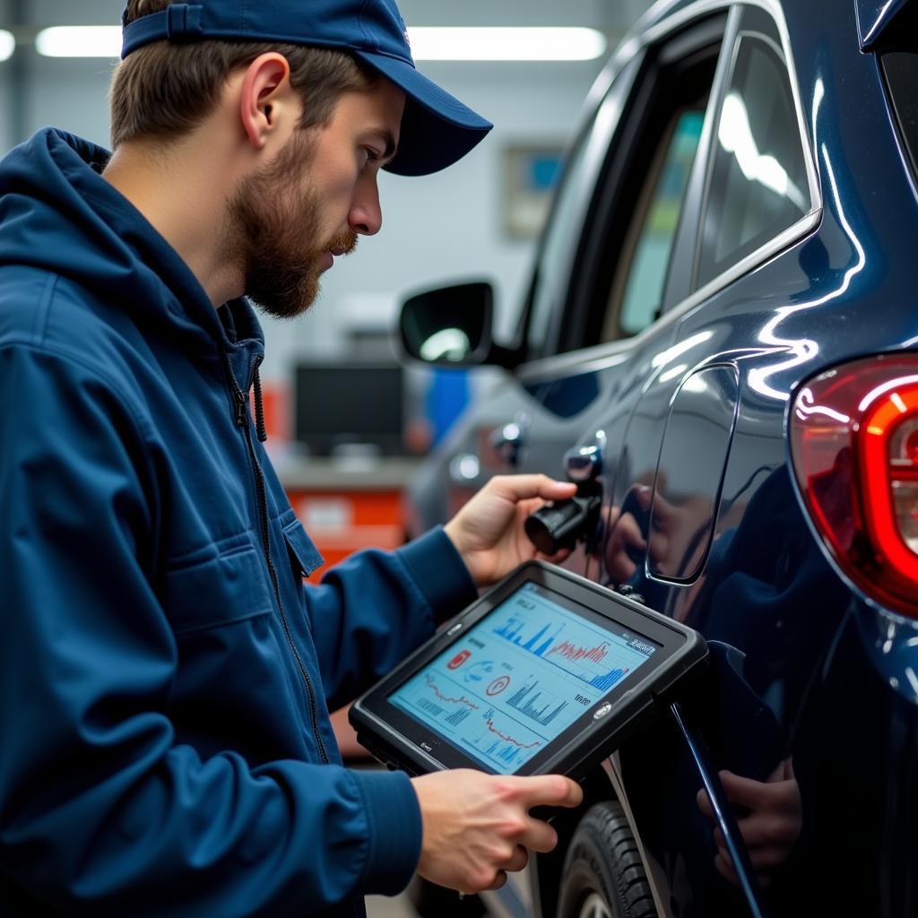 Mechanic using diagnostic tools in a Vienna auto repair shop