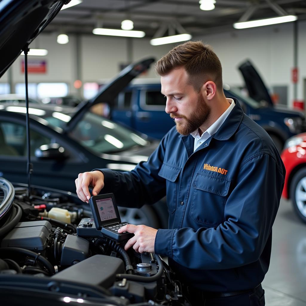 Certified Technician Working at a Village Auto Service Center