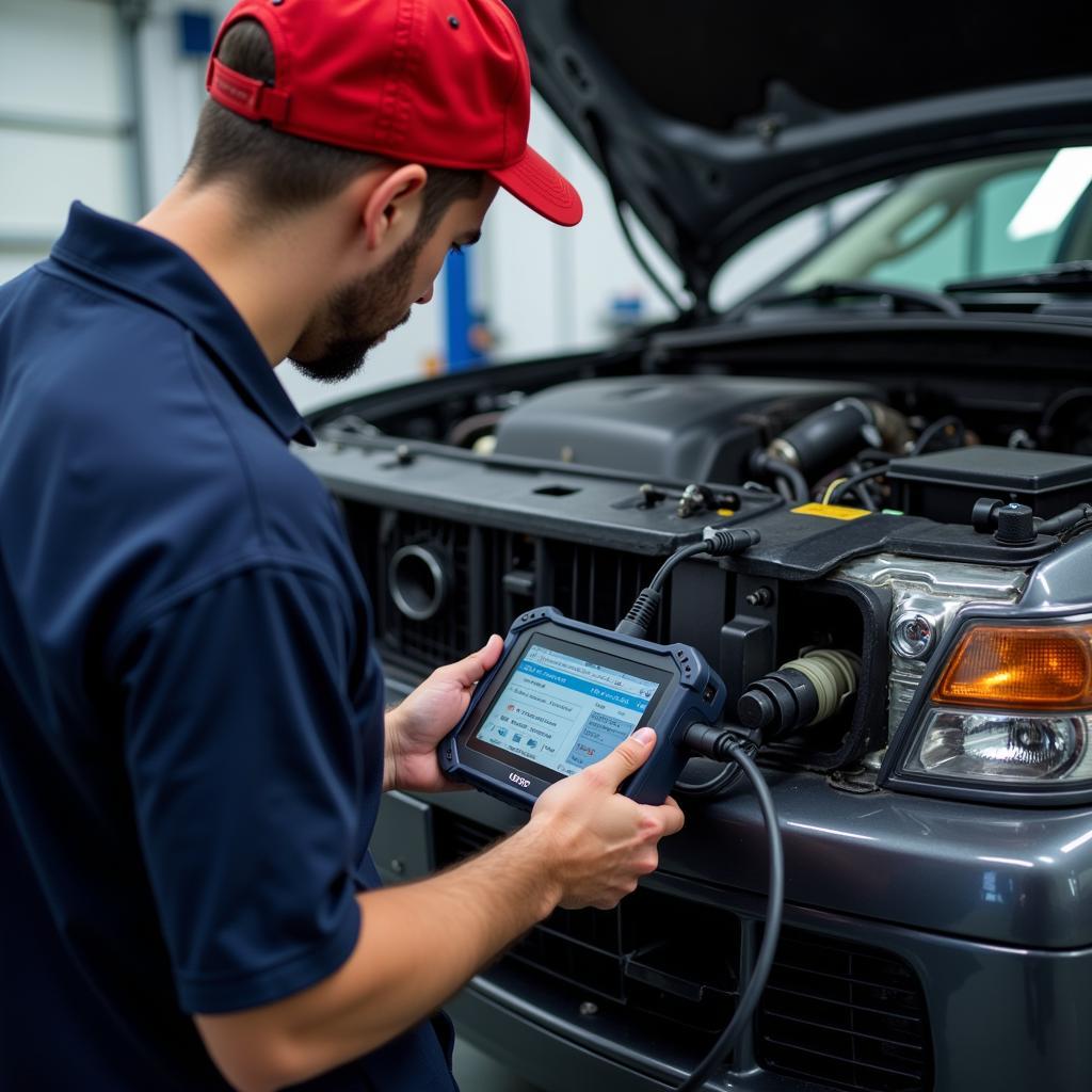 Mechanic using advanced diagnostic tools on a car