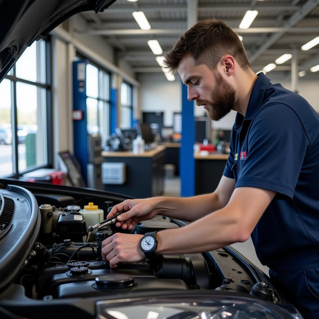 Mechanic Working on a Car Engine in a Waterloo Auto Service Center