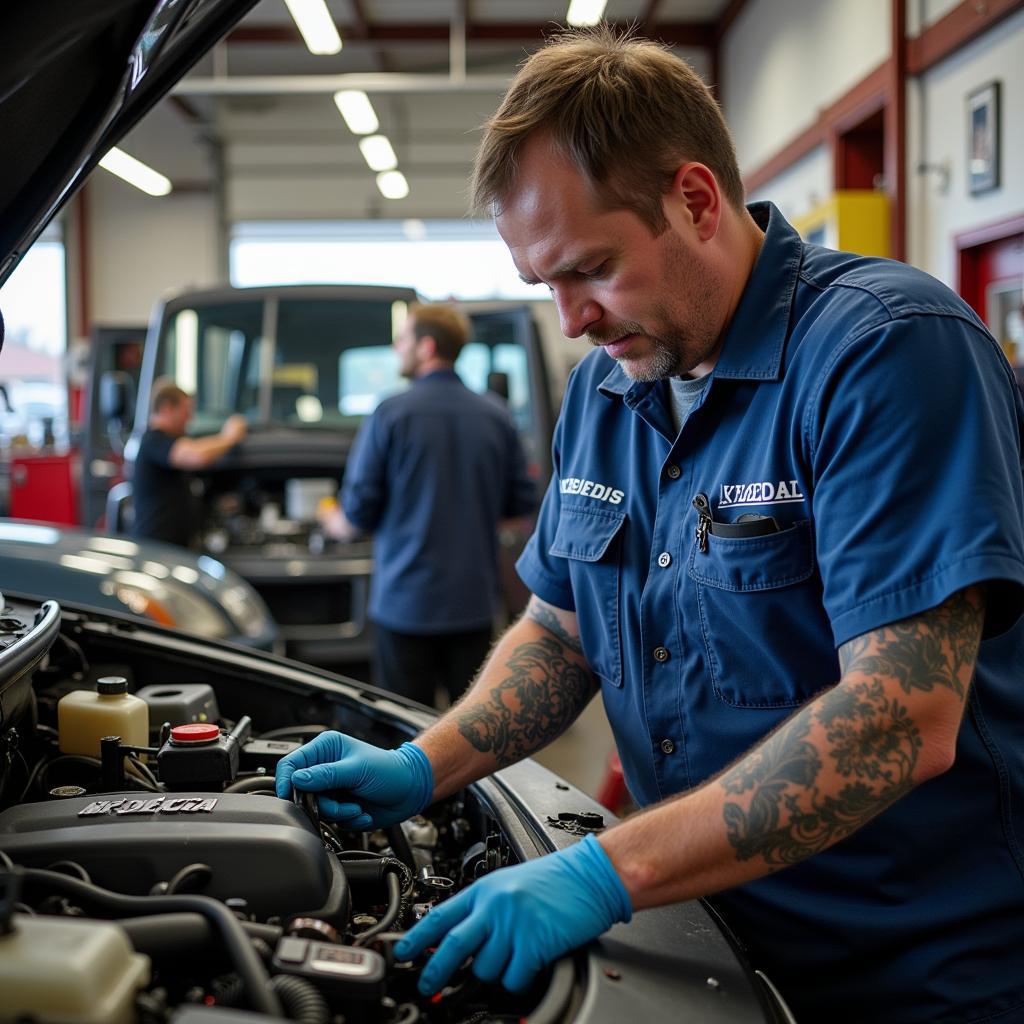 West Seattle Auto Repair Shops: A mechanic working on a car engine in a brightly lit repair shop.