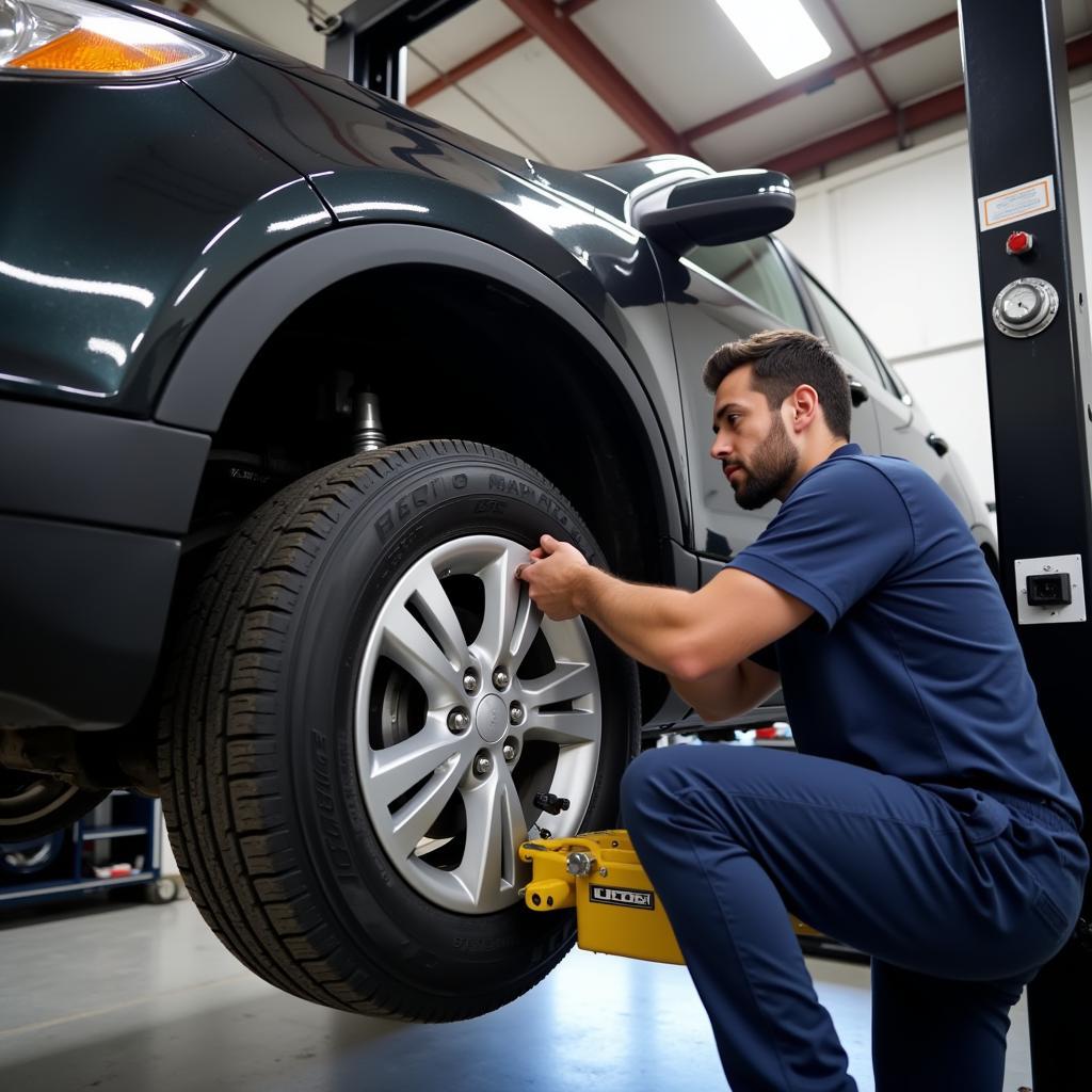 Car undergoing wheel alignment process