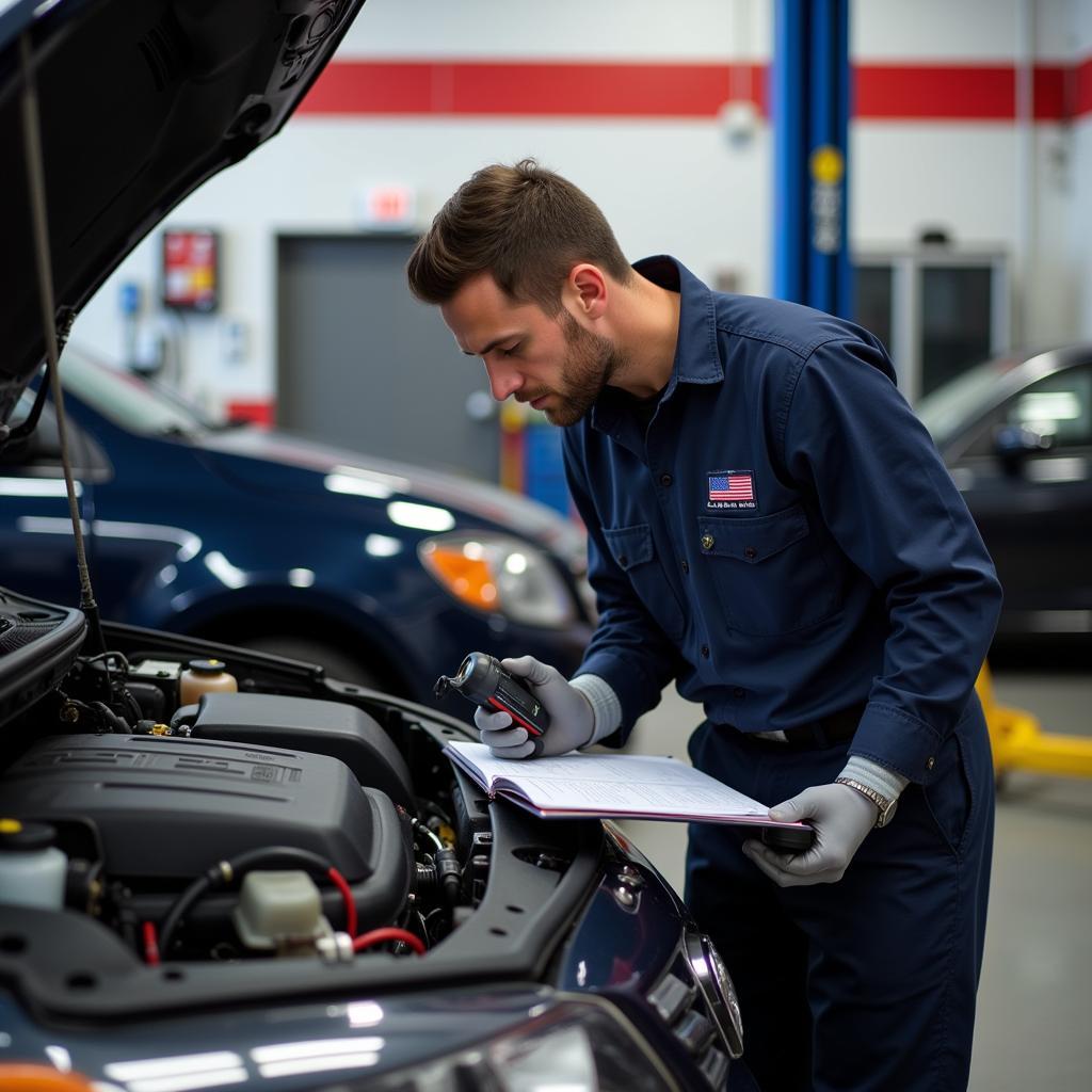 Mechanic checking car engine at a Wilson Auto Service center