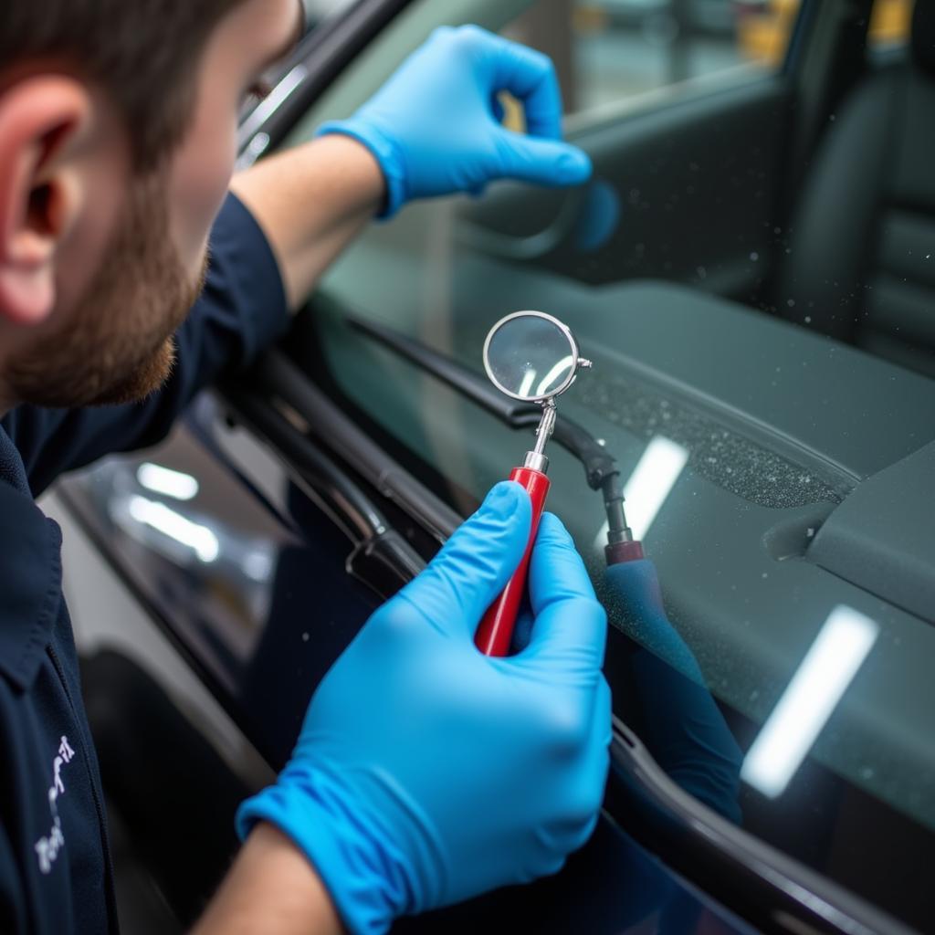 Close-up of a windshield chip being inspected