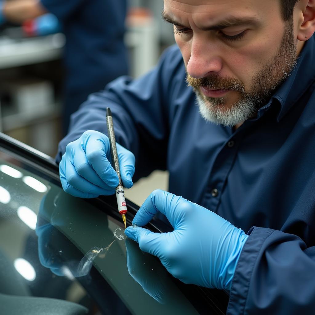 Close-up of a technician repairing a windshield chip