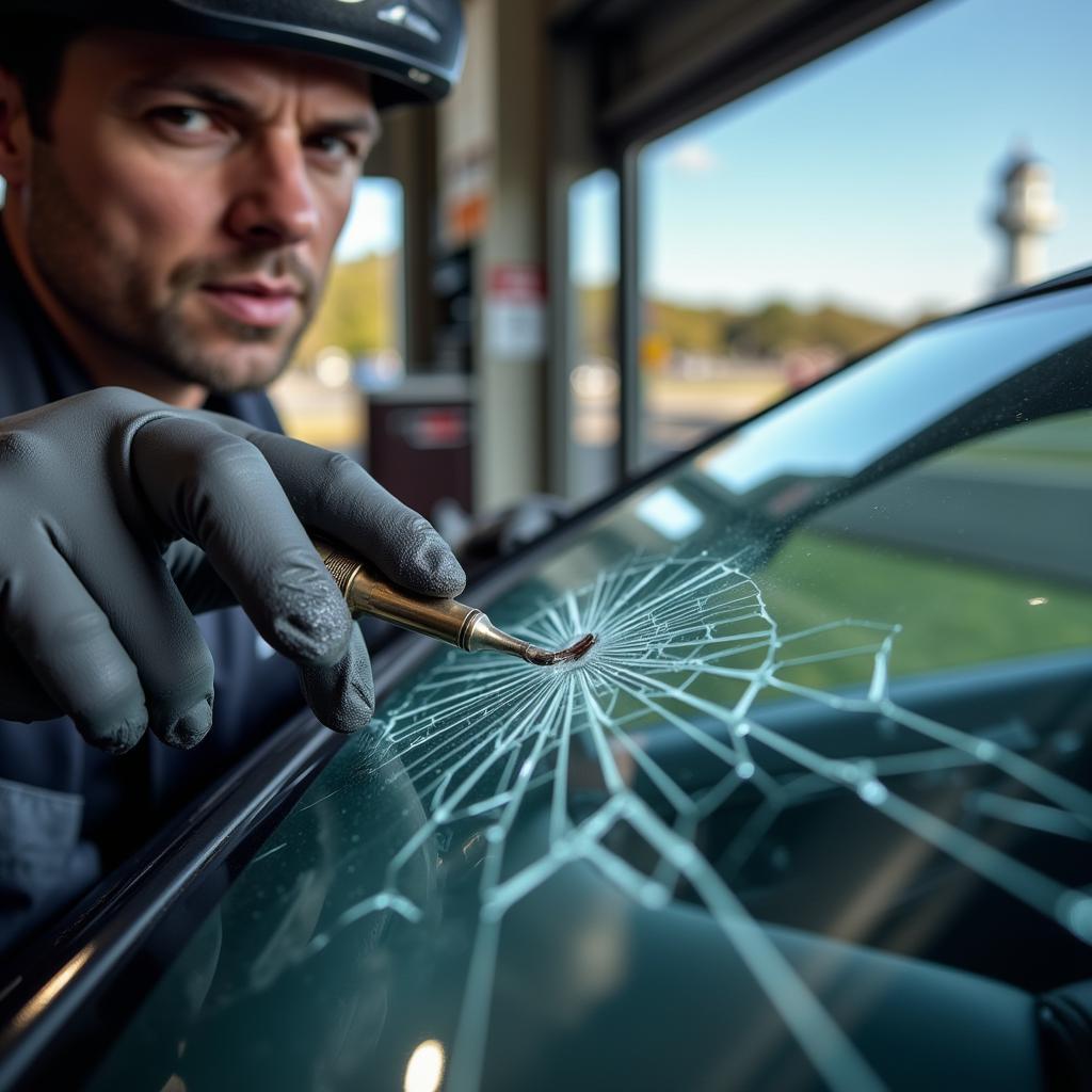 Windshield repair in Marietta, GA showing a technician repairing a cracked windshield using specialized tools.