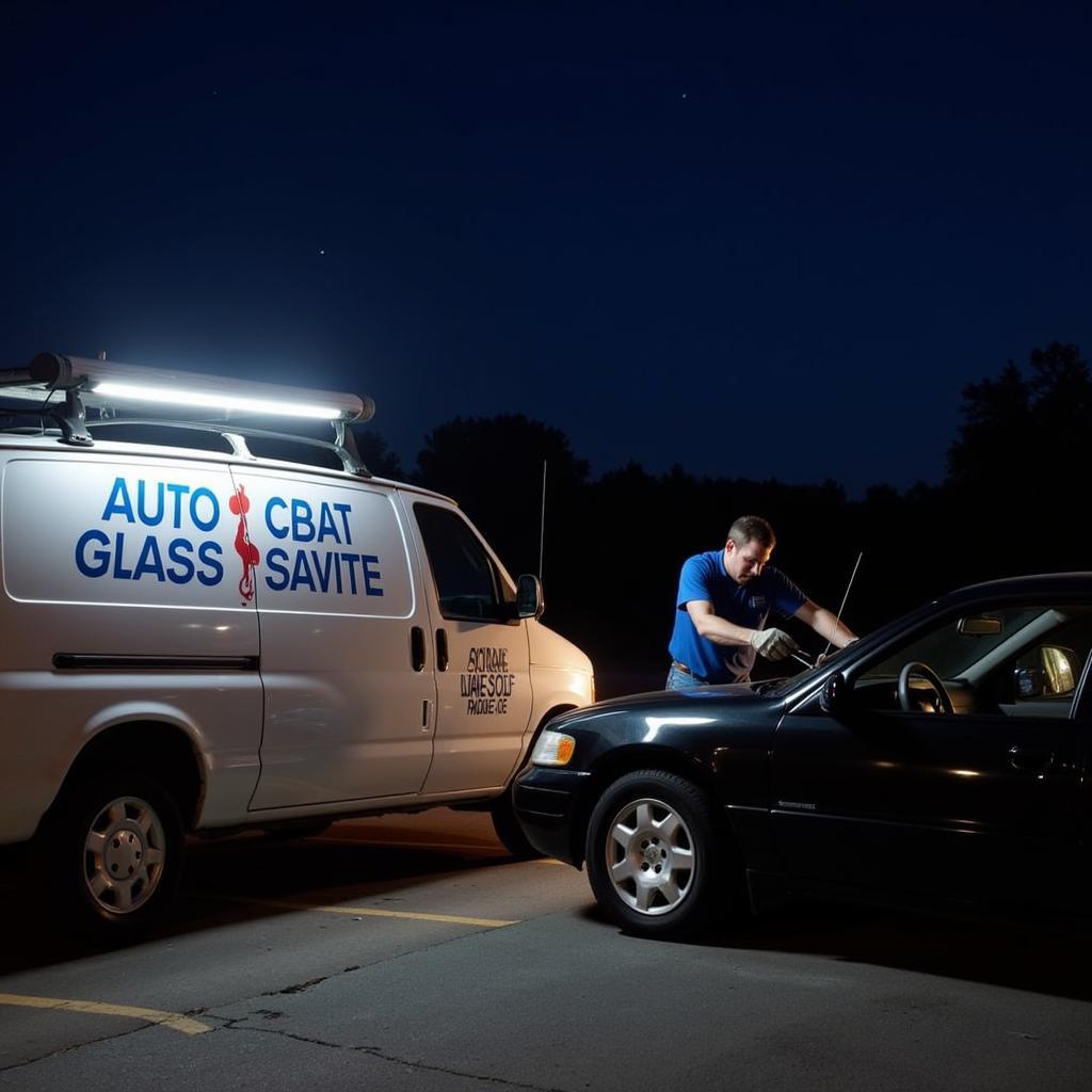 A mobile auto glass service van parked next to a car with its windshield being replaced at night.