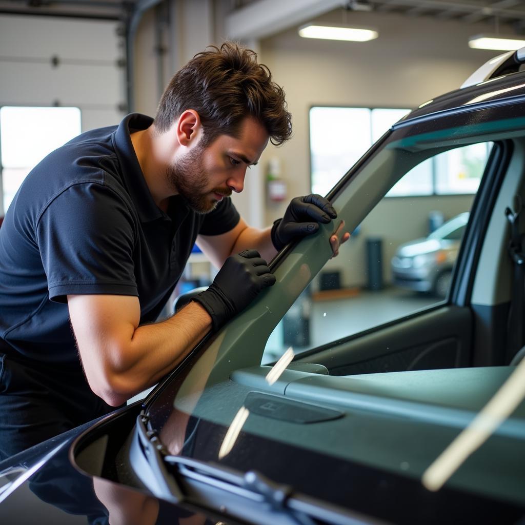 Windshield replacement service in Nitro showing a technician installing a new windshield.