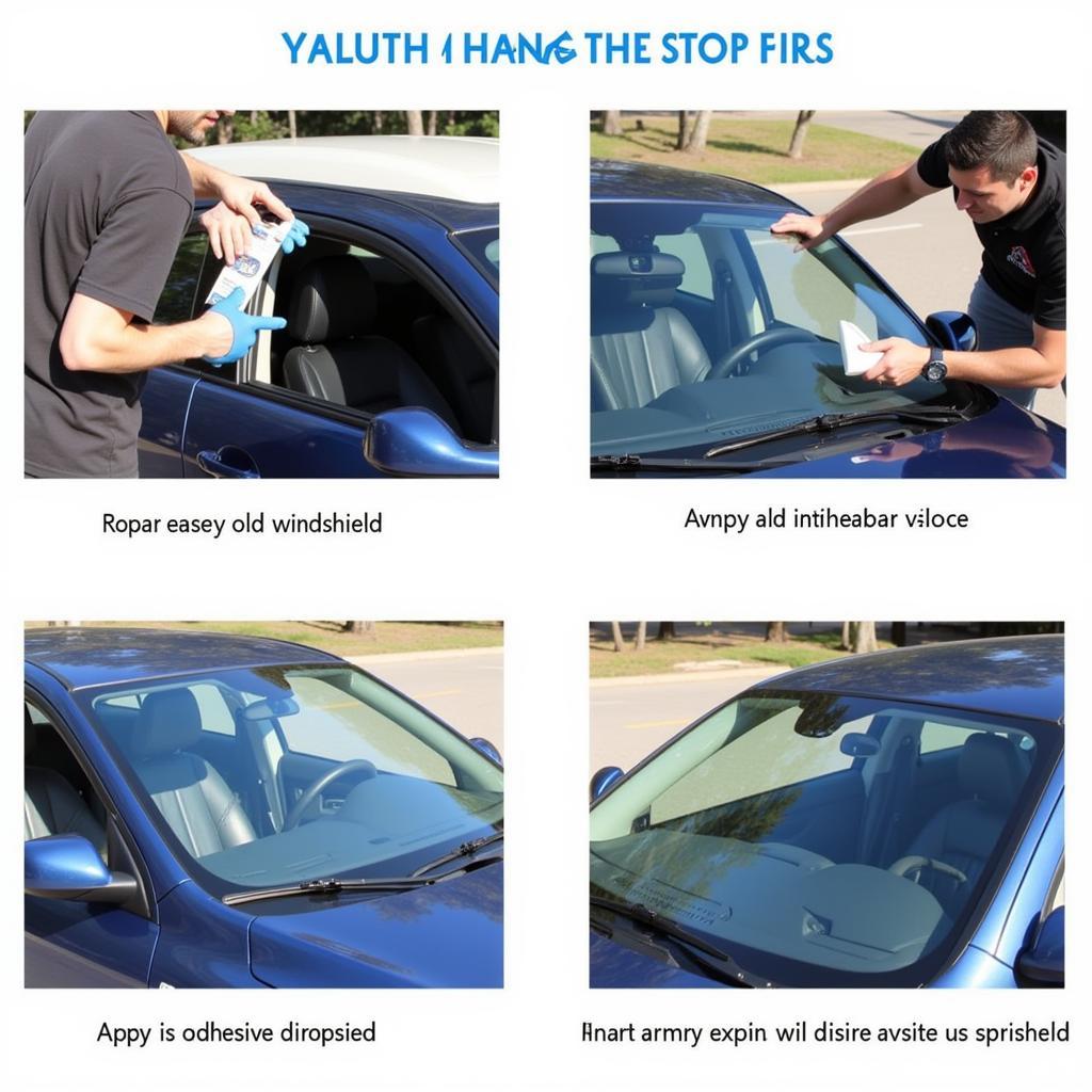 Windshield replacement process showing various stages