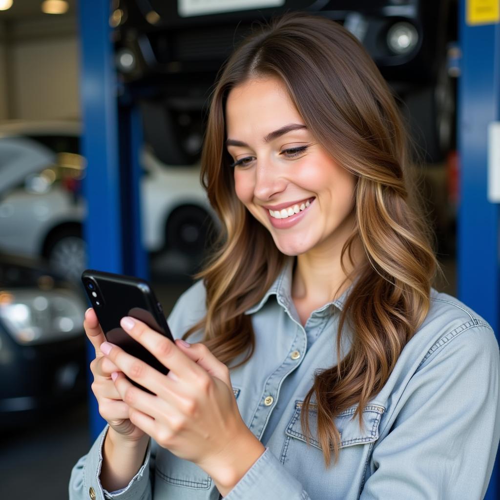 Woman Booking Mobile Mechanic Service on Phone