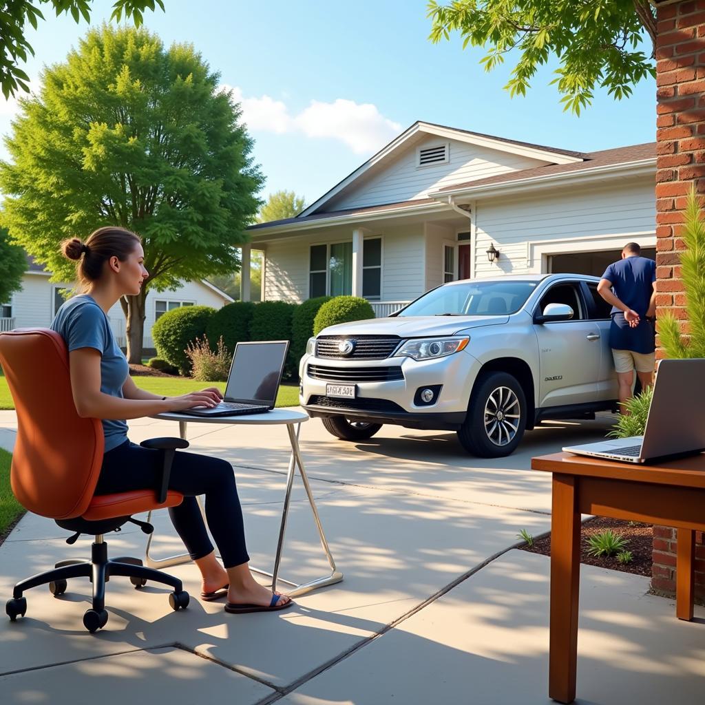 Woman working on laptop while car is being serviced in her driveway