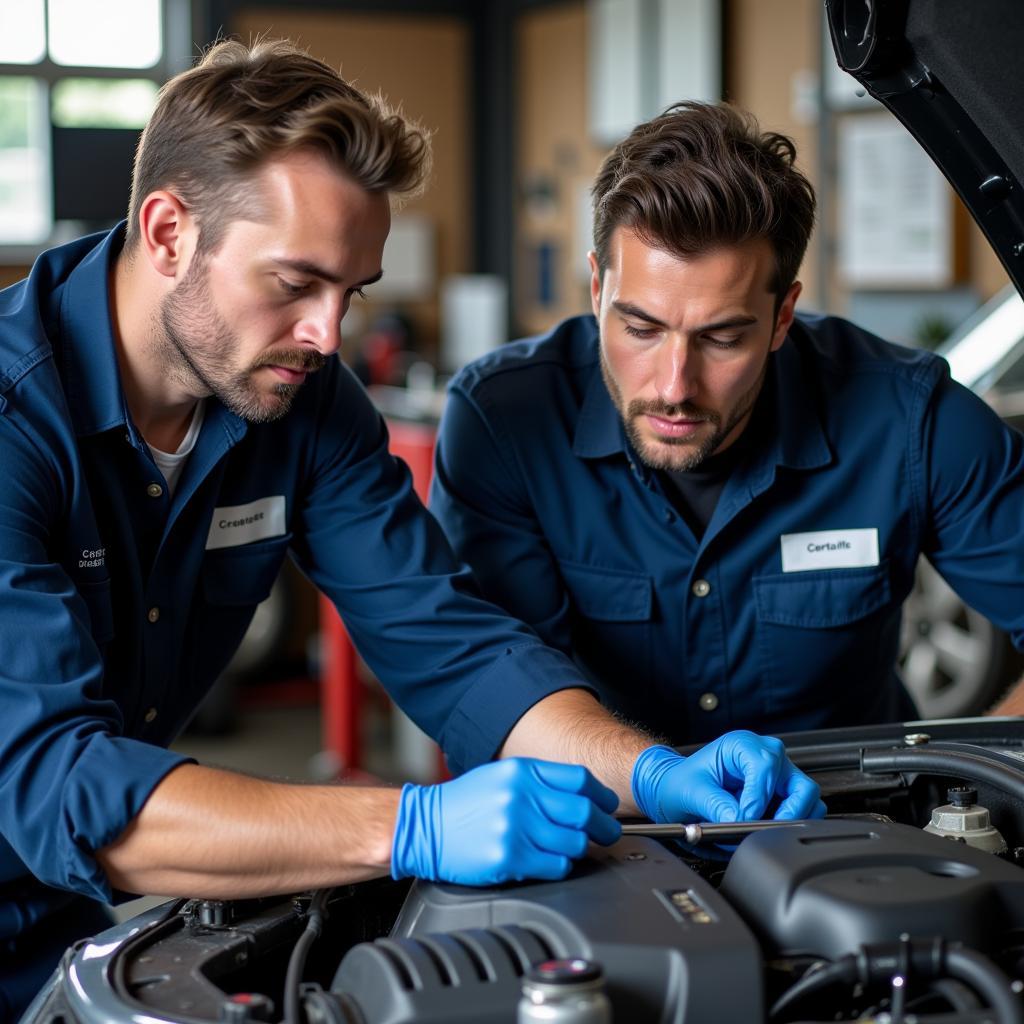 Certified technicians working diligently on a car engine, highlighting the importance of qualified professionals in auto repair.