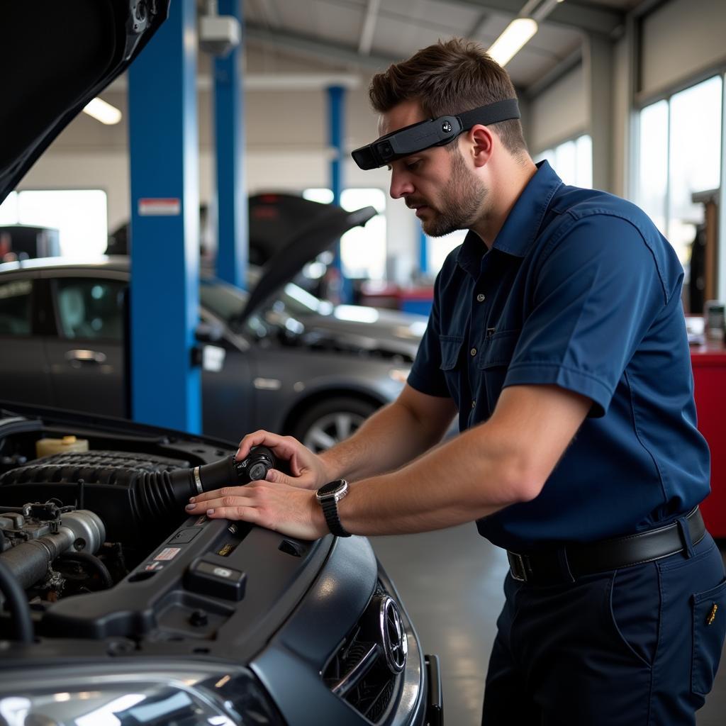 Mechanic working on a car engine in a Lacombe auto service shop