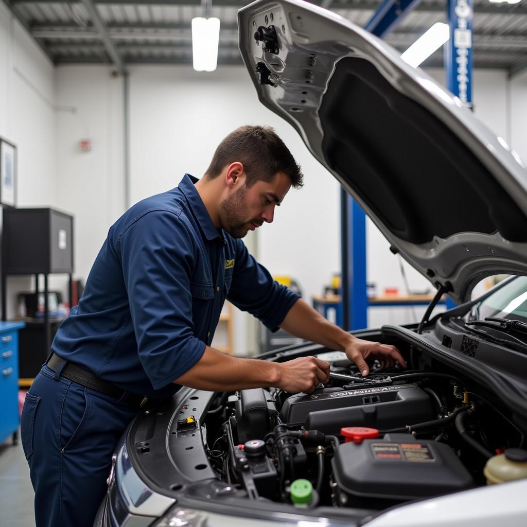 Mechanic working on a car engine at 401 Auto Sales and Service Center Smithfield RI