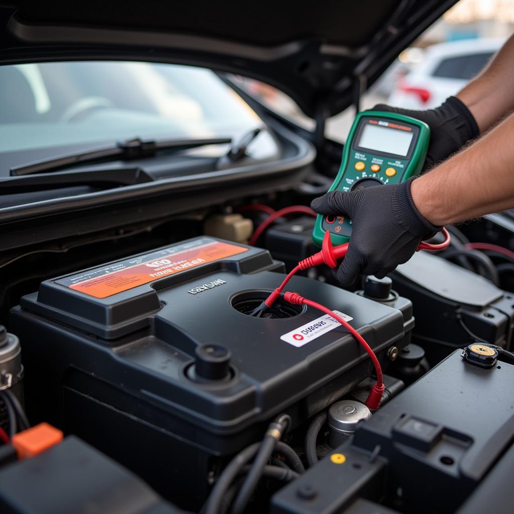 Technician Testing Car Battery in Colton