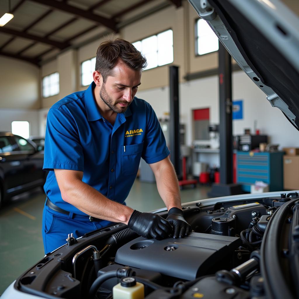 Mechanic working on a car in a AAA approved auto repair shop in Troy, Ohio