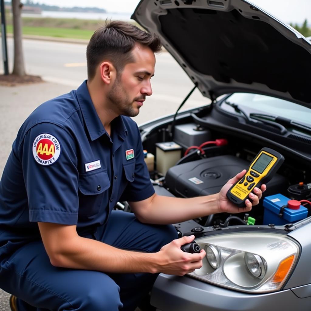 AAA Battery Service Technician Testing a Car Battery