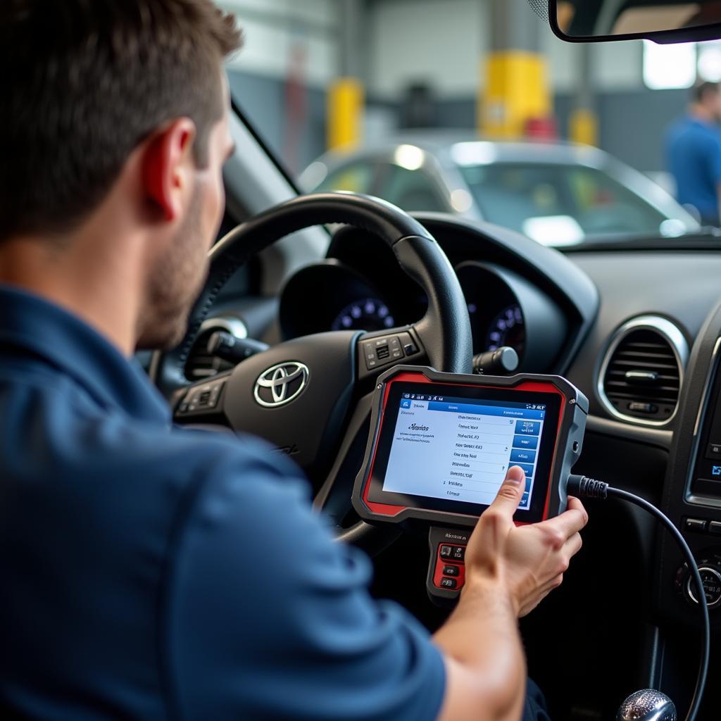 Mechanic performing engine diagnostics using advanced technology in an Aberdeen auto shop.