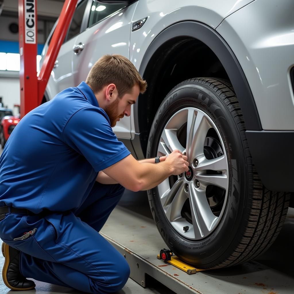 New tires being installed on a car at an Aberdeen auto service center.