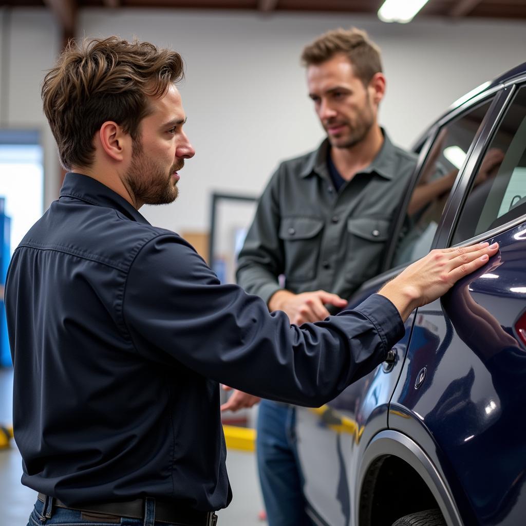 Technician explaining the car repair process to a customer